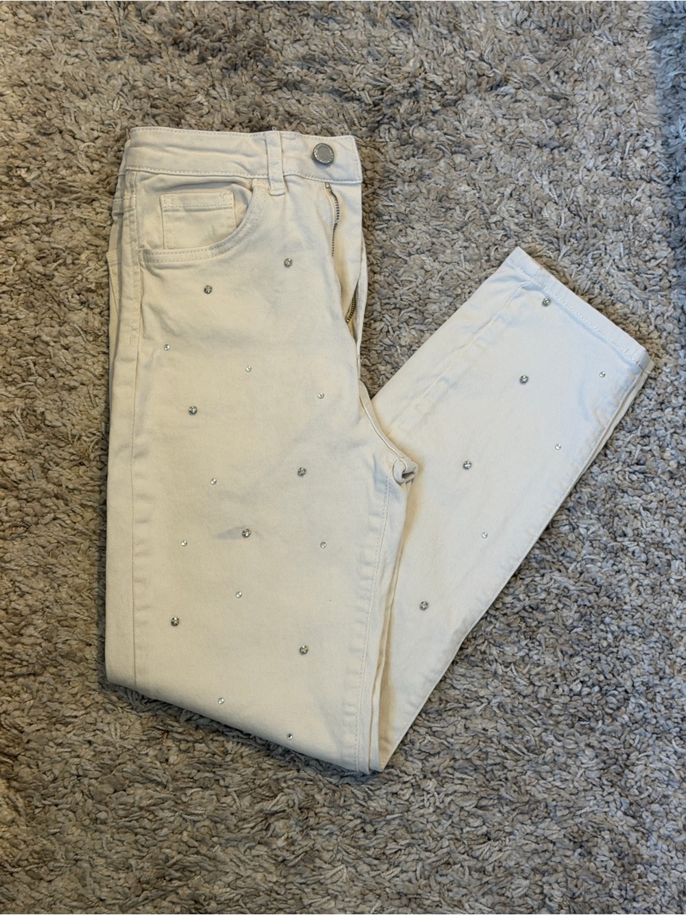 stradivarius Cream Skinny Jeans with Rhinestone Accents